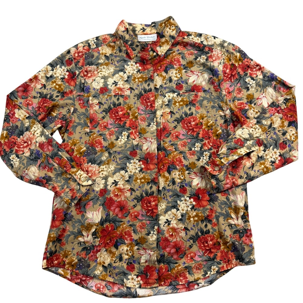 Vintage‎ Apple Basket Womens Floral Button Down Shirt Long Sleeve Tan Red Size M